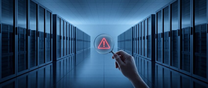 Cyber security alert, hand with magnifying glass inspects warning triangle icon over server racks in data center, concept of network security breach, system error or IT threat analysis.