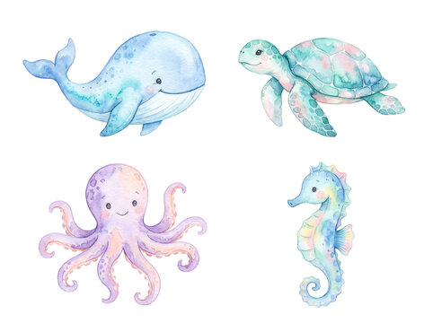 Cute watercolor sea creatures isolated on a transparent background