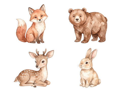 Cute watercolor forest animals isolated on a transparent background