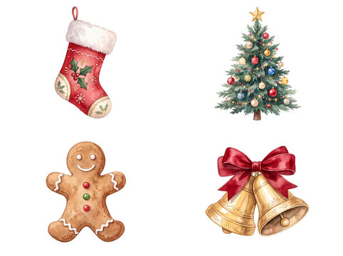 Watercolor Christmas holiday items isolated on a transparent background