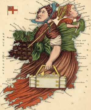 Personified map, c. 1880, Ireland, depicted with peasant women, Historical, digitally restored reproduction from a 19th century original