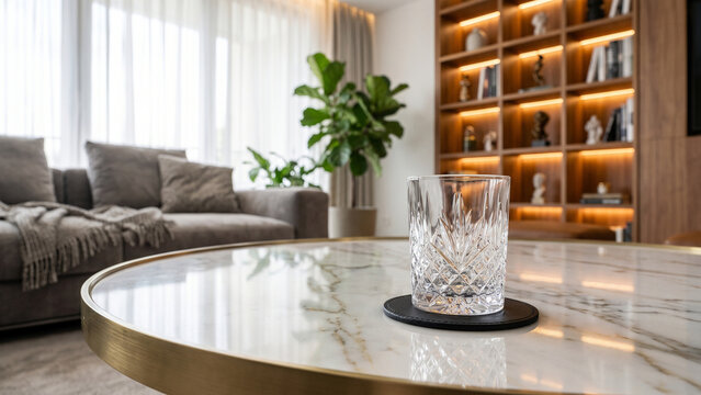 Crystal Glassware and Coaster on Marble Table in Modern Luxury Living Room Interior