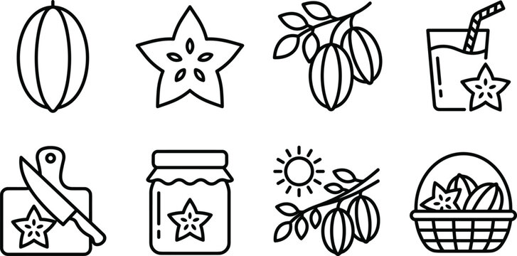 Star Fruit Icon Set Featuring Fresh Carambola Slices, Organic Juice, Jam, and Harvest Basket Vector Elements