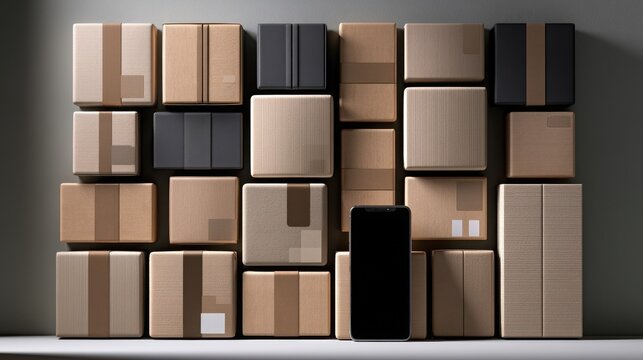 Smartphone with cardboard delivery boxes arranged on a dark grey wall background