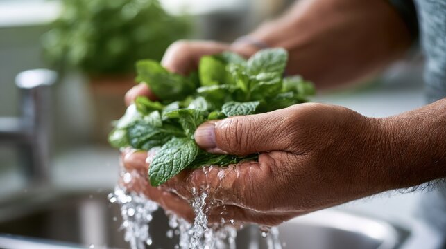 Man washing fresh green mint leaves under running water in kitchen