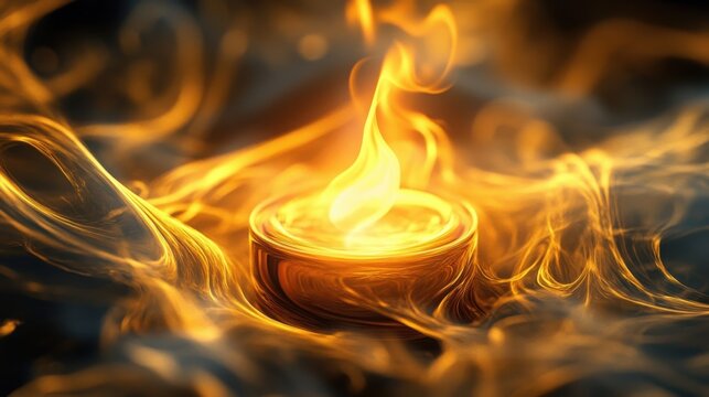 Bright candle flame burning with swirling golden smoke on a dark background