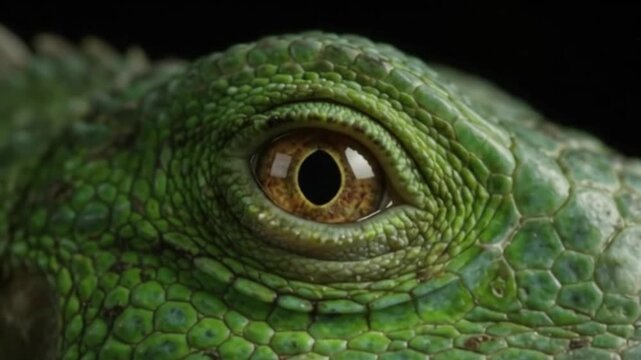 A vibrant green iguana gazes forward with a focused expression showing complex skin patterns that reveal the majestic natural evolutionary adaptations found within the diverse world of tropical