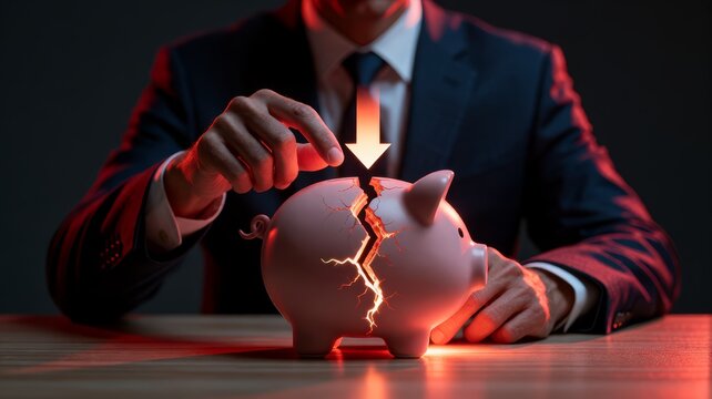 Broken piggy bank with glowing cracks symbolizing financial crisis