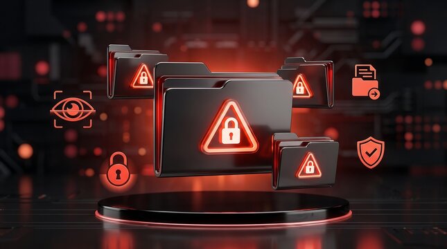 3D render of cyber security data folders with glowing red warning lock icons floating on a dark digital background representing information protection and network safety threats
