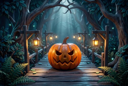 Halloween jack-o-lantern on wooden bridge in enchanted night forest with glowing lanterns and fireflies