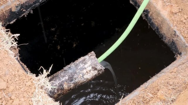Plumbing and utility maintenance concept showing wastewater drainage through a hose.