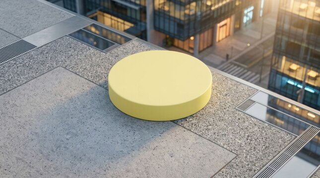 Yellow circular podium on a grey stone building ledge overlooking a modern city with glass skyscrapers and street views at sunset for product presentation and display.