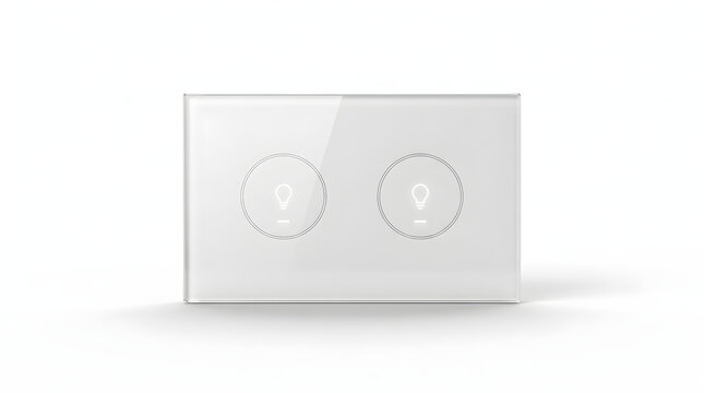 Modern white smart touch light switch with two buttons on wall.
