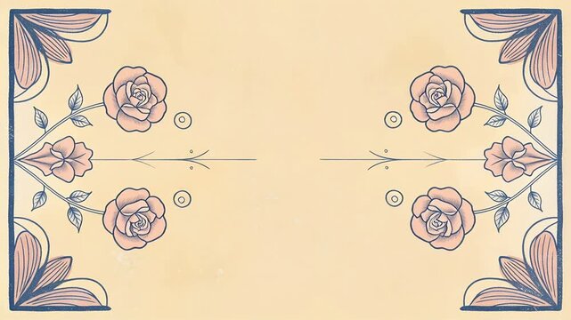 Floral border forming scrolling vines and pink roses on pale cream canvas, AI-generated