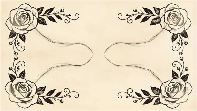 Engraved rose corner motifs framing blank cream parchment with stains, copy space, AI-generated