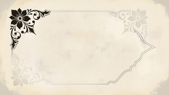 Black floral flourish unfurling gray ribbon over cream paper then retracting, AI-generated
