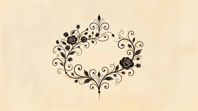 Black rose vine ornament growing across parchment into gray mirrored frame, AI-generated