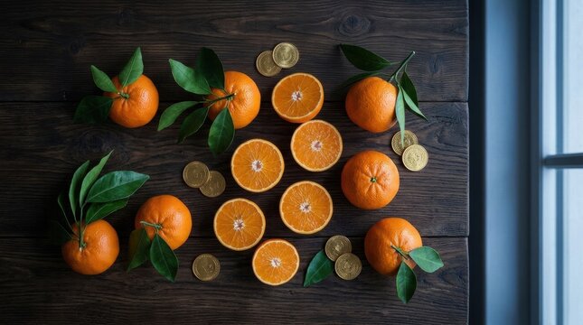 Top view of fresh whole mandarins with green leaves and sliced citrus halves arranged on a dark wooden table with gold coins, symbolizing prosperity for Chinese New Year.