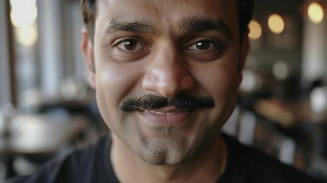 Man opening eyes, lifting gaze then smiling softly, warm blurred cafe lights behind, AI-generated