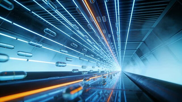Futuristic tunnel receding as capsule pods streaking past blue and orange lights, AI-generated