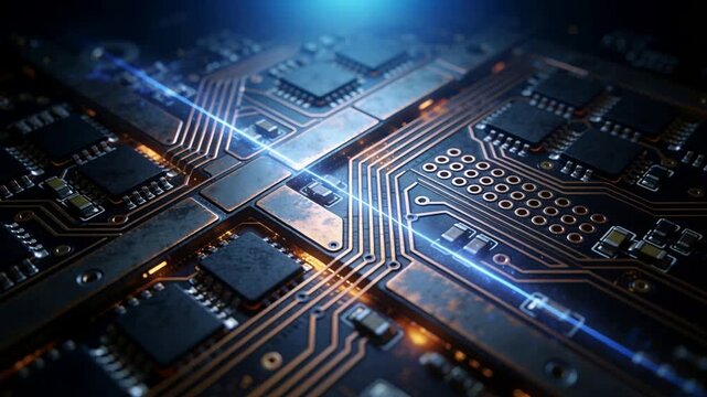 Blue electric arc flickering across dark circuit board while lighting copper traces, AI-generated
