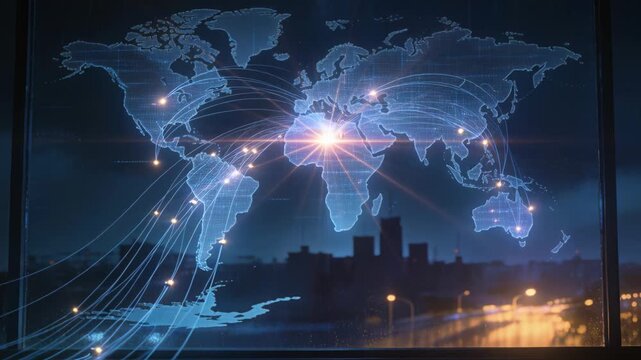 Glowing blue world map linking nodes above city, central hub bursting into starburst, AI-generated