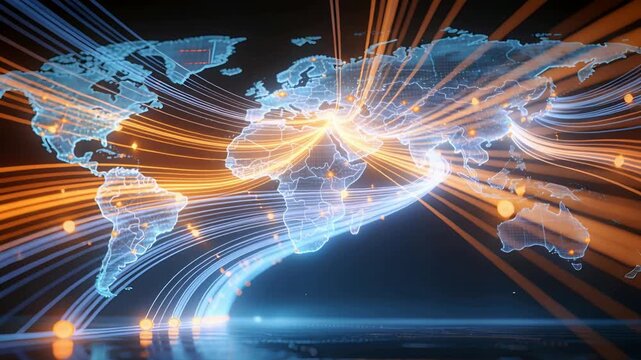 Digital world map forming glowing node network with rising trails and fanning arcs, AI-generated