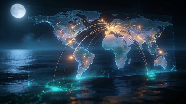 Glowing world map hovering above ocean at night while nodes pulsing and arcs moving, AI-generated