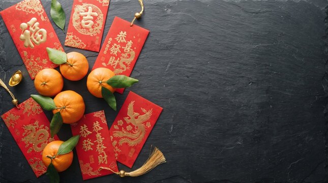Traditional Chinese New Year celebration elements vibrant red envelopes and fresh, auspicious tangerines arranged on a dark background, symbolizing prosperity, luck, and cultural blessings