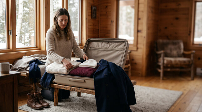 Woman Packing Winter Clothes in Suitcase at Cozy Snowy Cabin