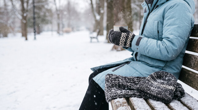 Person holding hot drink in snowy park during winter season