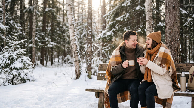 Couple enjoying hot drinks in a snowy winter forest on a sunny day