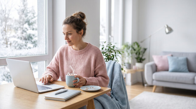 Woman working on laptop with hot chocolate on a snowy day
