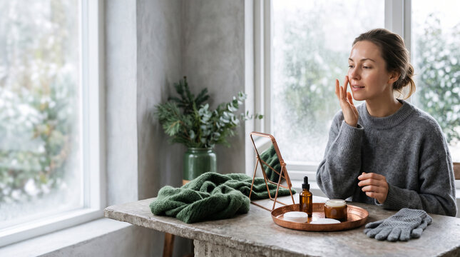 Woman applying skincare product in cozy winter setting by window