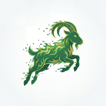 Green Digital Goat Cyber Ibex Logo Mascot Leaping