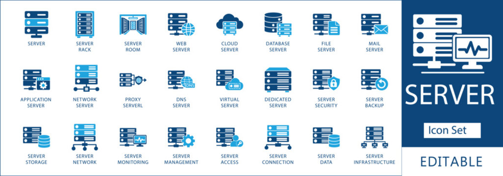 Server solid icon set. Featuring server rack, room, web server, and cloud server. Vector icons for app ui, pitch decks, and infrastructure software.
