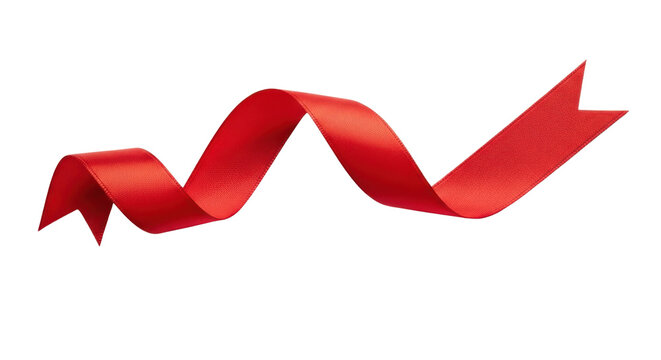 Wavy red satin ribbon banner with fishtail ends isolated on white background