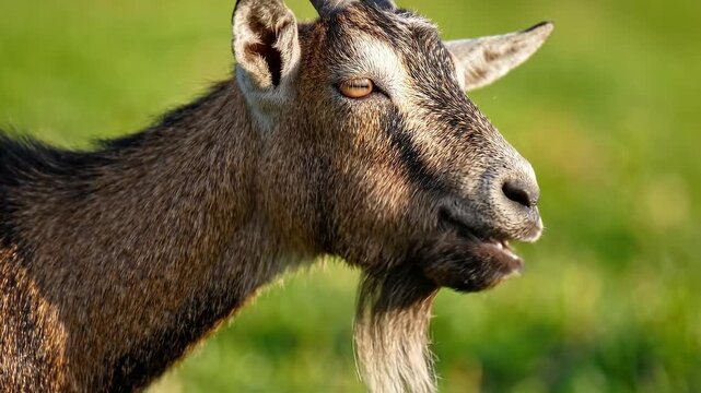 Close-up profile of a brown goat with horns and a beard, eyes closed, seemingly bleating or expressing itself in a sunny green field.