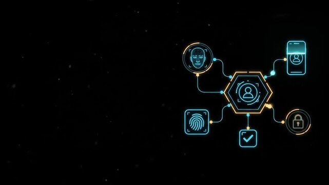 Neon graphic animation of biometric security and user authentication icons against a black background