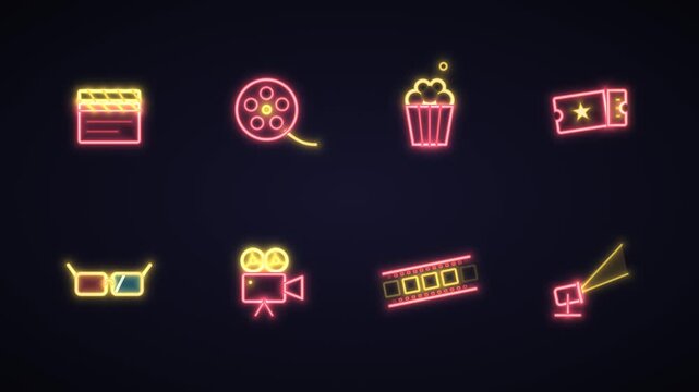 Animated cinema movie neon line icon set with clapperboard, film reel, popcorn, ticket, 3D glasses, movie camera, film strip and spotlight, glowing on black, shown in a grid then one by one