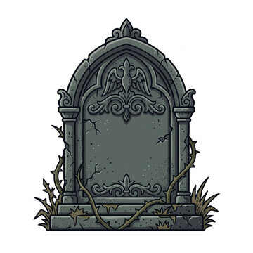 An aged gray gothic tombstone stands upright, featuring intricate carved stone patterns and weathered ornamental details. Small plants and dark vegetation grow around its base, creating a haunting cem