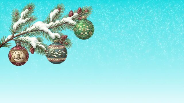 10s seamless loop of a snowy pine branch with colorful Christmas ornaments, pine cones and falling snow. A festive, magical animation for holiday and New Year projects