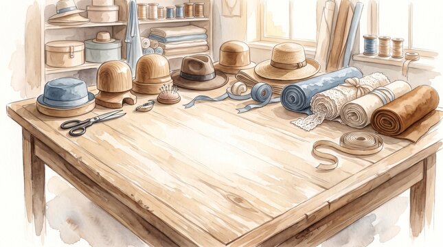 Watercolor milliner workshop with hats and fabric on wooden table