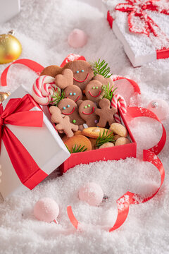 Red Gift Box Packed with Christmas Gingerbread Cookies
