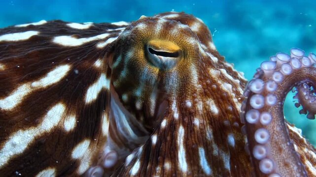 Close-up of a vibrant brown and white striped octopus with its eye visible, swimming in a clear blue underwater environment.
