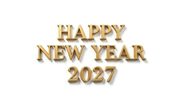 Happy New Year 2027 gold 3D text isolated on transparent background featuring metallic typography with realistic shadows for holiday greeting cards and festive seasonal celebration digital graphic des