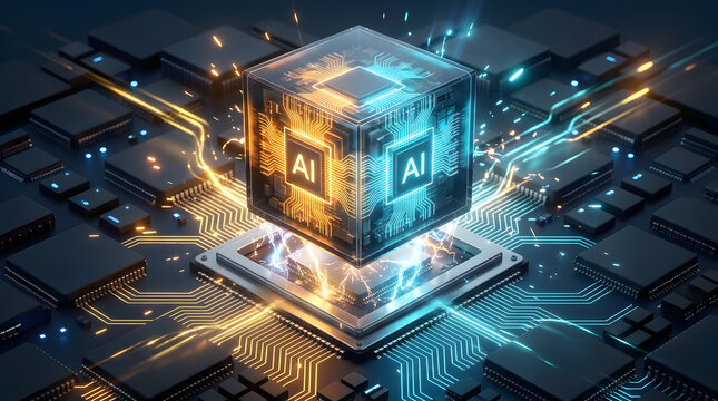 Artificial Intelligence Futuristic Cubic Processor Core Hovering Over Motherboard with Glowing Blue and Orange Circuitry and Data Flow Visualization, 3D Render Illustration for High Tech Concept