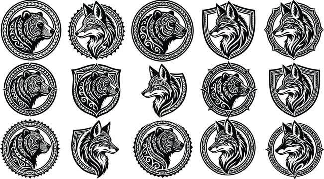 Set of bear and wolf tribal animal emblems vector illustration featuring ornate badge designs
