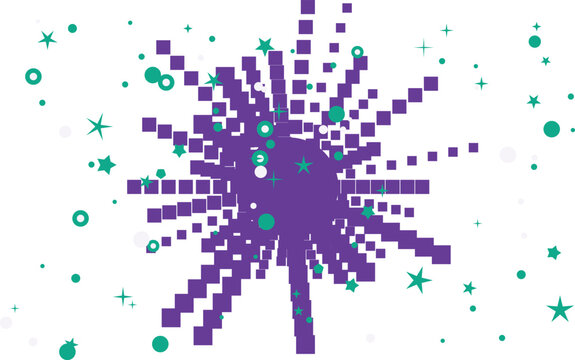 Abstract purple explosion of squares and circles with green stars on white background