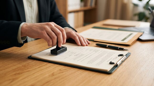 Lawyer stamping official business contract with notary seal on wooden desk in law firm office for legal document authentication and compliance